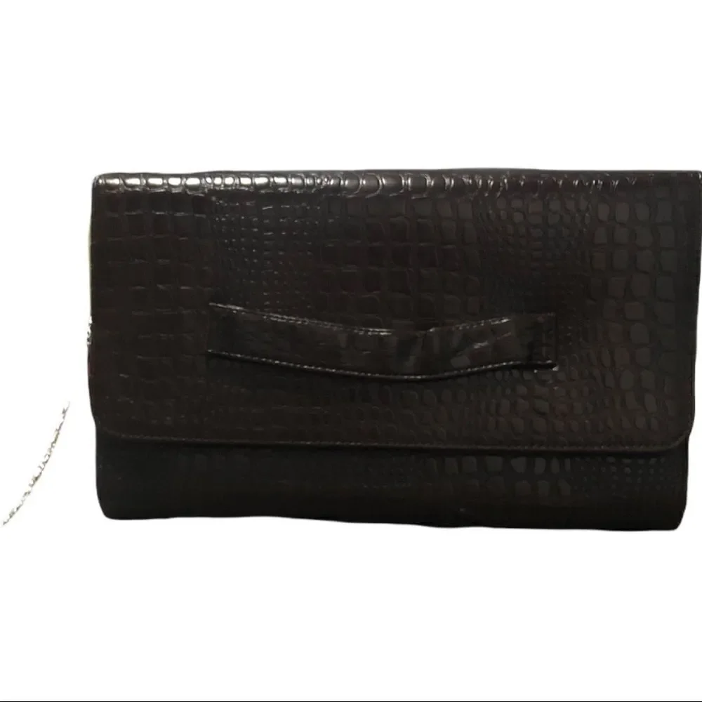 FAUX‎ Croc Embossed Convertible Clutch Bag Brown Chain Strap Crossbody Evening